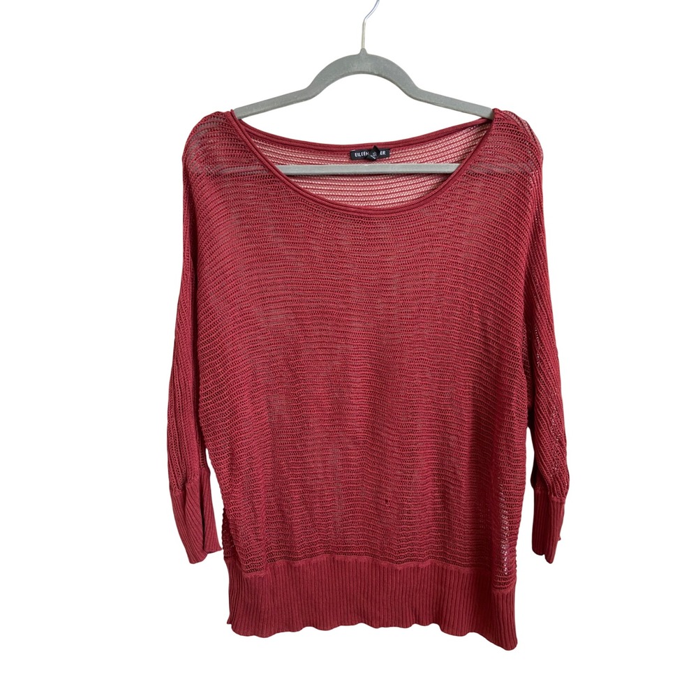 Eileen Fisher Brick Red 100% Tencel Open Weave Mesh Knit Sweater Large USA